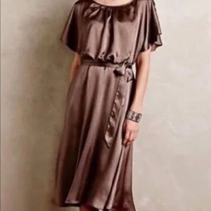 Anthropologie HD In Paris Satin Midi Dress Bronze Flutter Sleeve Tie Waist, 4